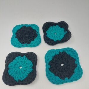 Handmade Crochet Coasters Teal Blue And Black Set Of 4 Square Coasters